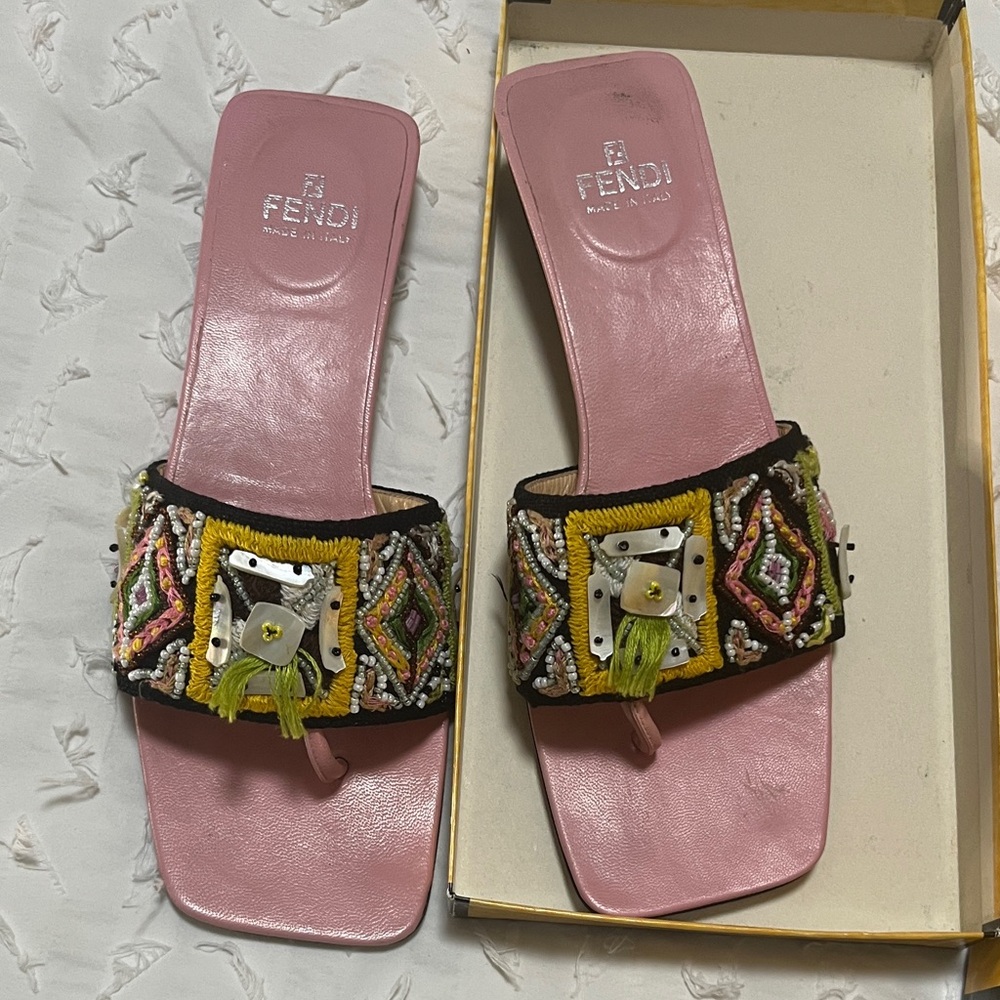 Vintage Fendi Pink and Yellow Embellished Hippy Carpet Sandals size 7.5